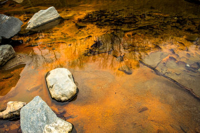 High angle view of rock formation in lake