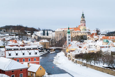 High angle view of buildings in city during winter