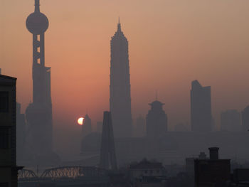 Silhouette of city at sunset