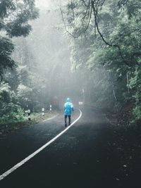Rear view of man walking on road