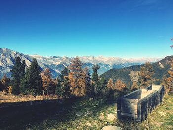 Scenic view of mountains against clear blue sky