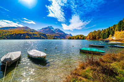 Lake sils maria, in the engadine, photographed in autumn, with landscape and the mountains above it.