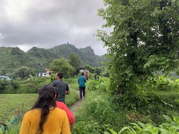 Rear view of people on road amidst trees against sky