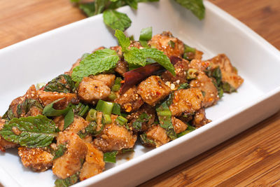 High angle view of food in plate on table