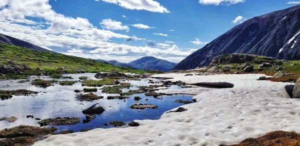 Scenic view of sea and mountains against sky