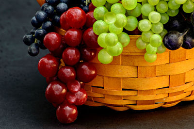 Close-up of multi colored grapes in wicker backer