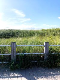 Fence on field against sky