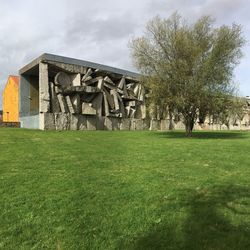 Trees and houses on field against sky