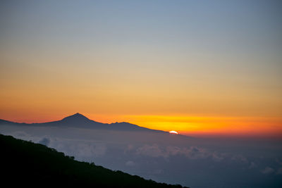 Scenic view of silhouette mountains against romantic sky at sunset