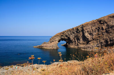 Scenic view of sea against clear blue sky