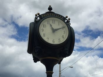 Low angle view of clock against sky