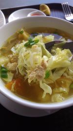 Close-up of soup served in bowl