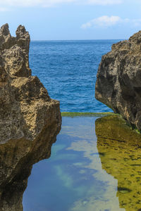 Rock formation on sea against sky