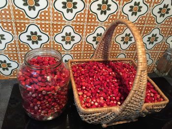 Close-up of strawberries in basket on table