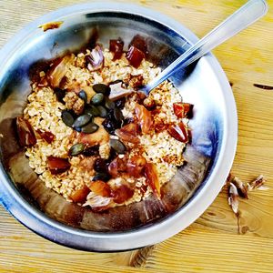 High angle view of food in bowl on table