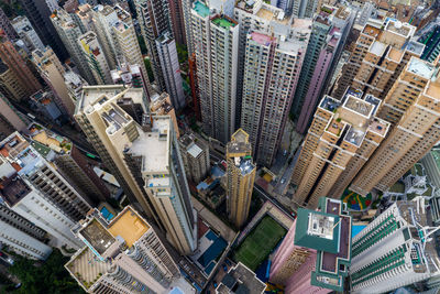 High angle view of modern buildings in city