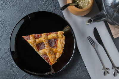 High angle view of food in plate on table