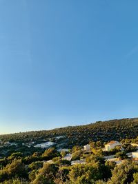 Scenic view of townscape against clear blue sky