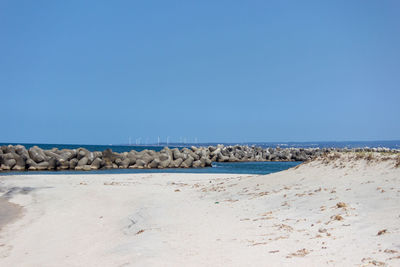 Scenic view of sea against clear blue sky