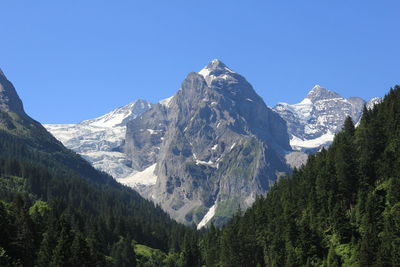 Panoramic view of snowcapped mountains against clear blue sky