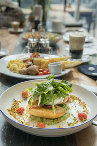 Close-up of food served on table