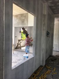 People standing at entrance of building