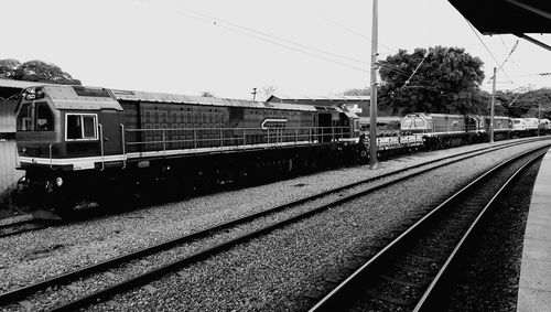 Train on railroad tracks against clear sky