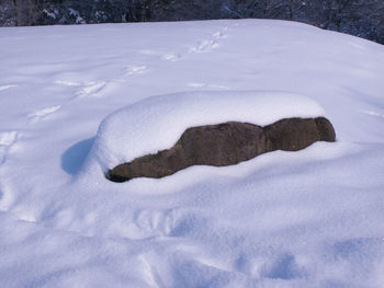 High angle view of snow covered land