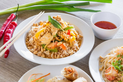 High angle view of meal served on table