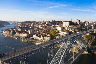 Don luís bridge at porto- portugal. high angle view of river amidst buildings in city against sky