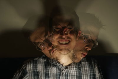 Long-time exposure of a male head in three positions with different facial expressions