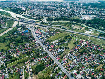 High angle view of street amidst buildings in city