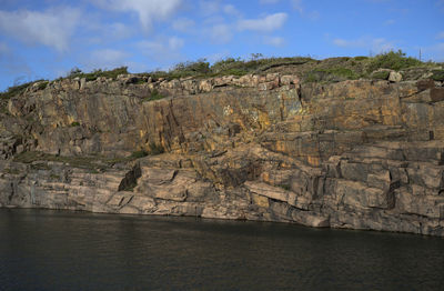 Scenic view of rock formation and sea against sky