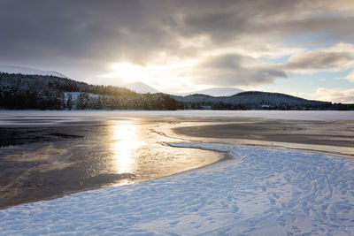 Scenic view of frozen lake against sky during sunset