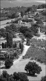 High angle view of trees and mountains against sky