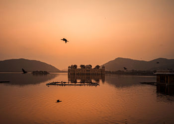 Silhouette birds flying over lake against sky during sunset