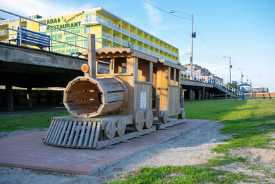 Train on railroad track against sky