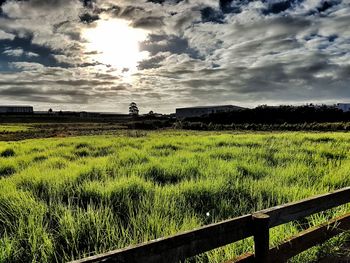 Scenic view of field against cloudy sky