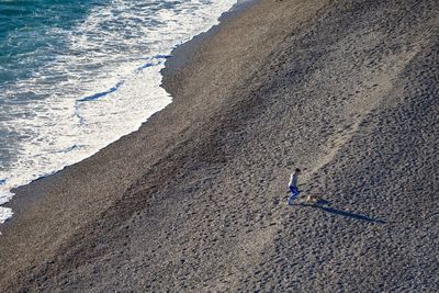 High angle view of man with dog walking at beach