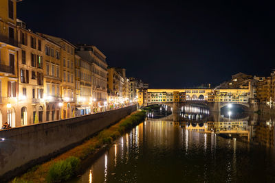 Illuminated bridge over canal by buildings against sky at night