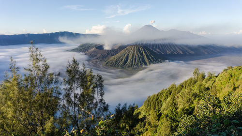 Panoramic view of volcanic landscape against sky