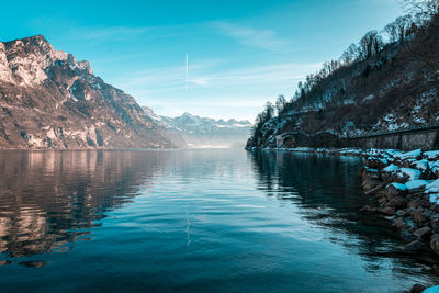 Scenic view of lake and mountains against sky