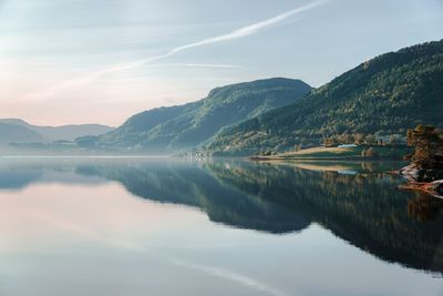 Scenic view of lake and mountains against sky