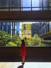 Rear view of woman walking by window