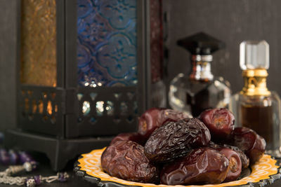 Close-up of fruits served on table at home