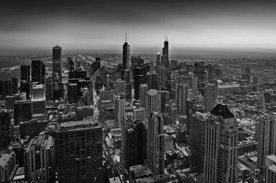 High angle view of modern buildings in city