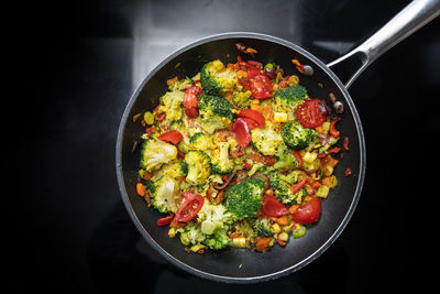 High angle view of food in cooking pan