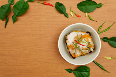 High angle view of food served on table