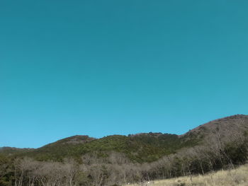 Scenic view of mountains against clear blue sky