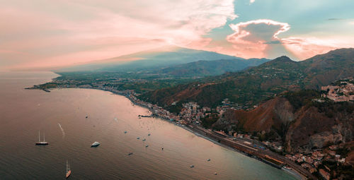 Panoramic aerial view of isola bella island and beach in taormina.